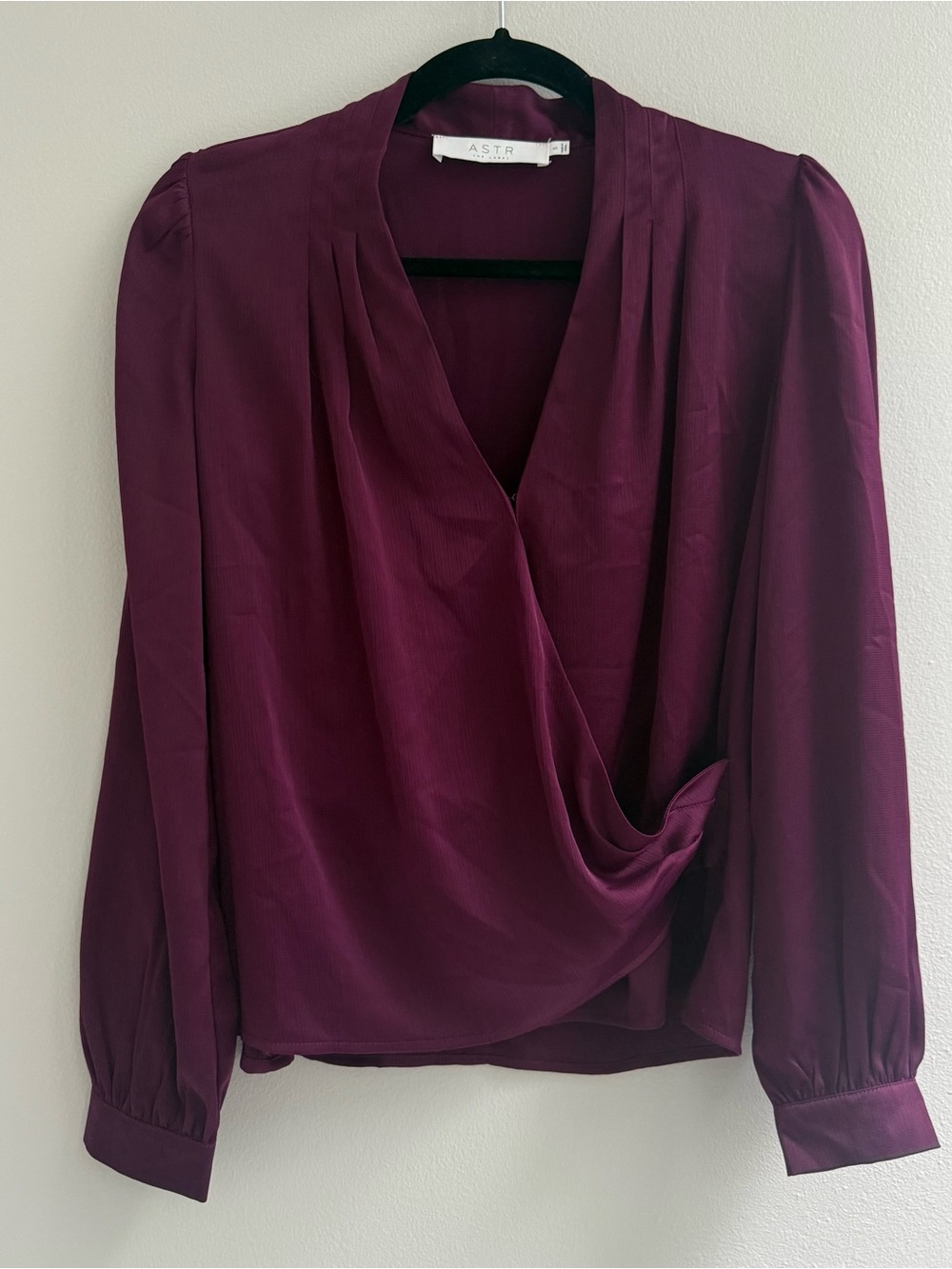 Astr Deep Plum Draped Wrap Blouse